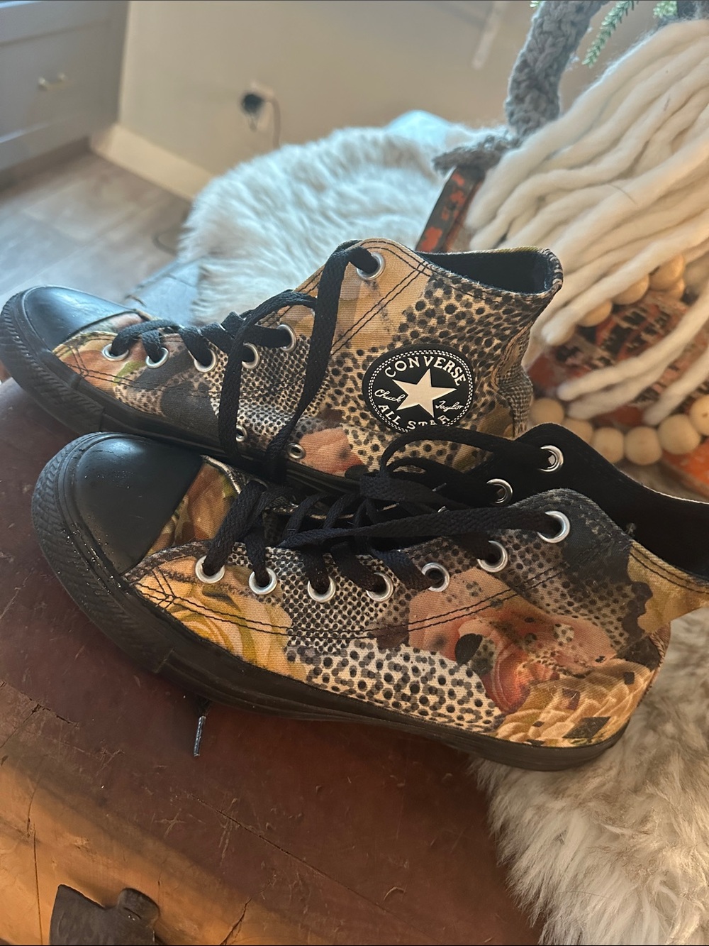 Convers Black Floral & Animal Print High Top Sneakers